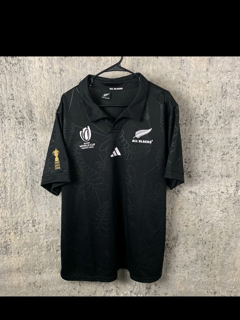 Adidas New Zealand All Blacks Black Rugby Polo with White Logos World Cup 2023